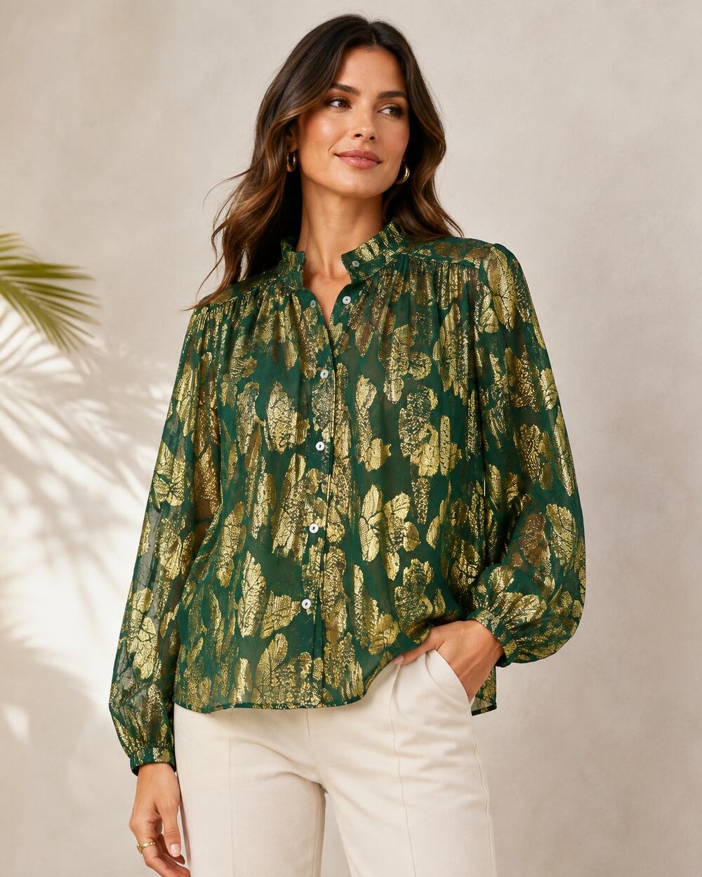 Mille Resort Travel Womens Blouse Green Gold L Silk Ruffle Mock Neck Sheer Party